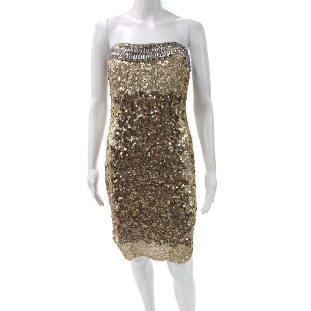 Badgley Mischka Women Sheath Strapless Gold Cocktail Dress Short Nylon Size S